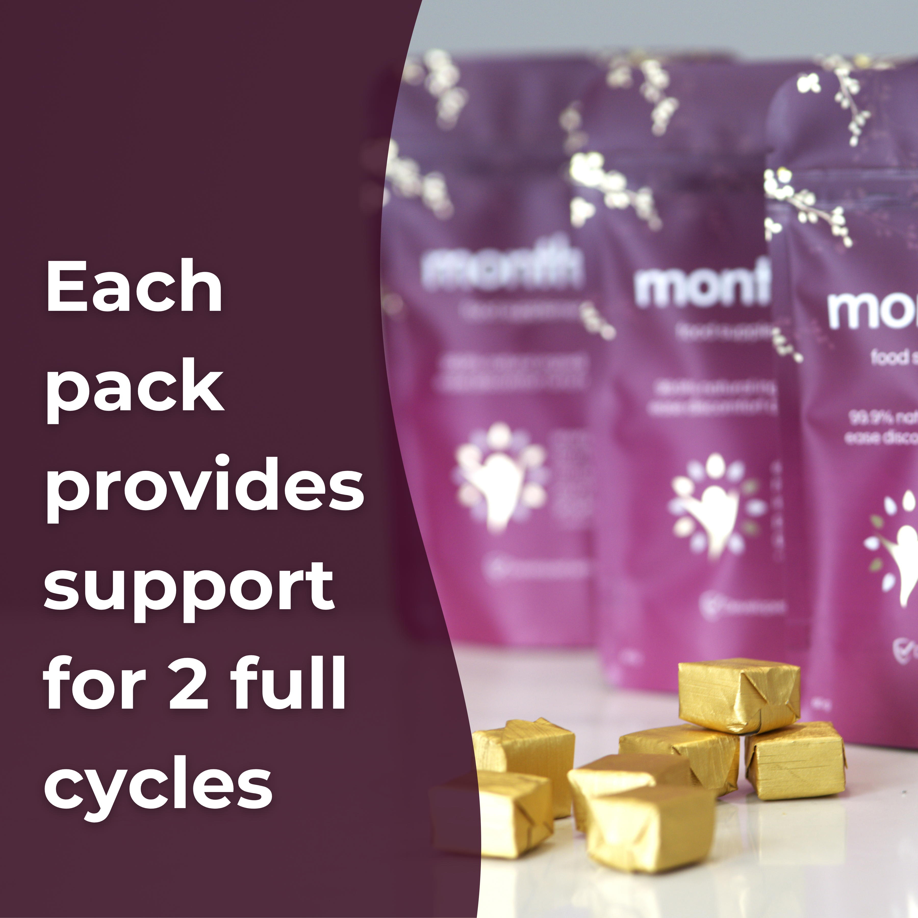Montheaze® Natural Period Pain Support a few packs with wrapped pieces informing there are two cycles in each pack