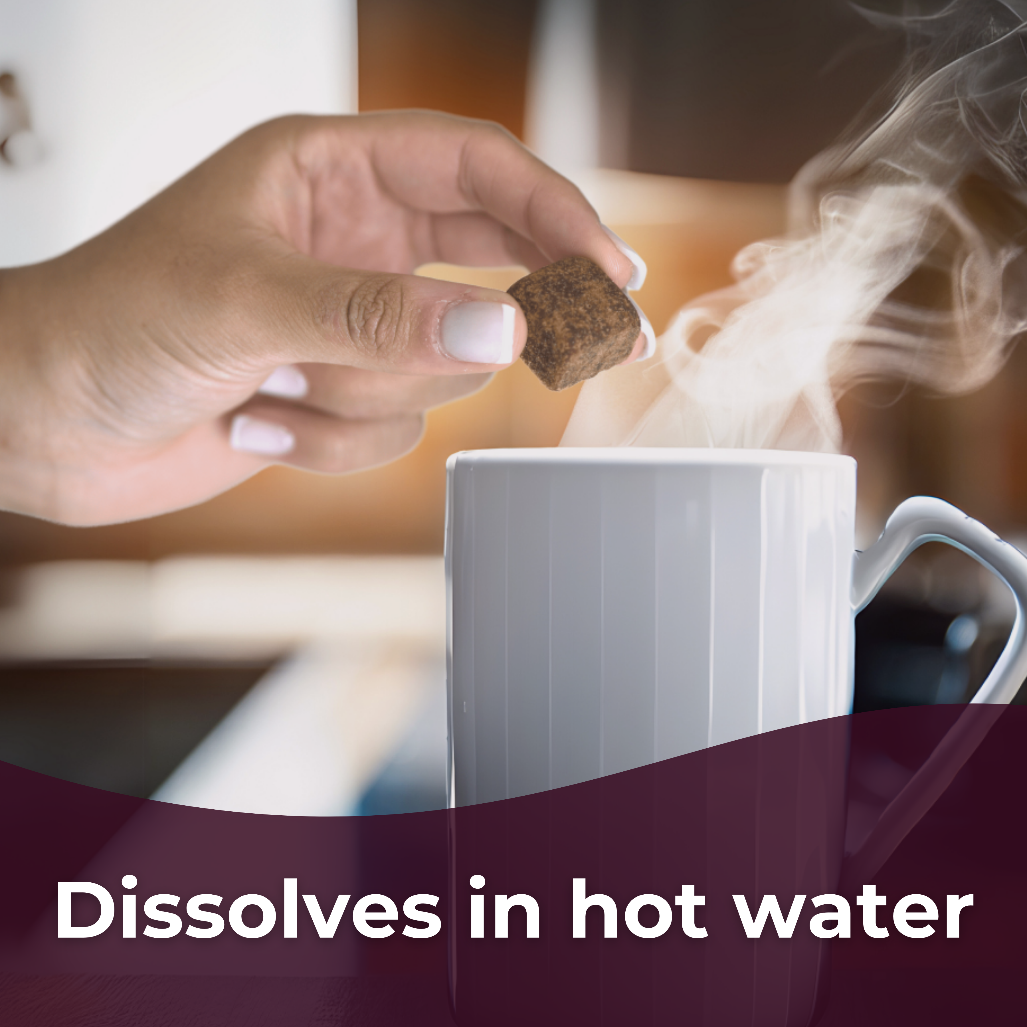 Montheaze® Natural Period Pain Support with a piece on montheaze being dropped into a mug of hot water showing it can dissolve and be taken as a herbal tea