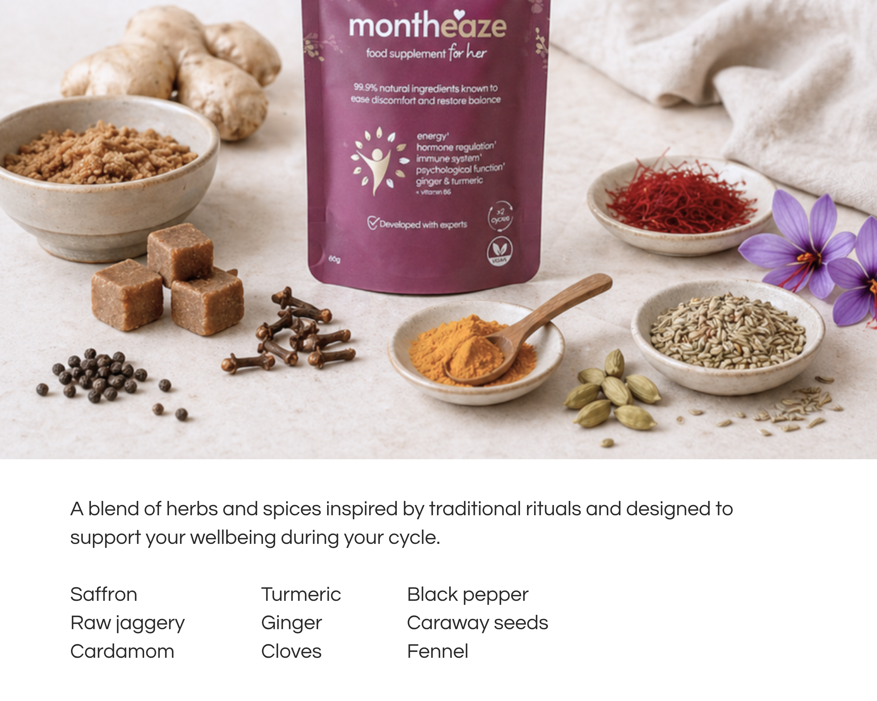 Montheaze food supplement for her with herbs and spices on a light surface