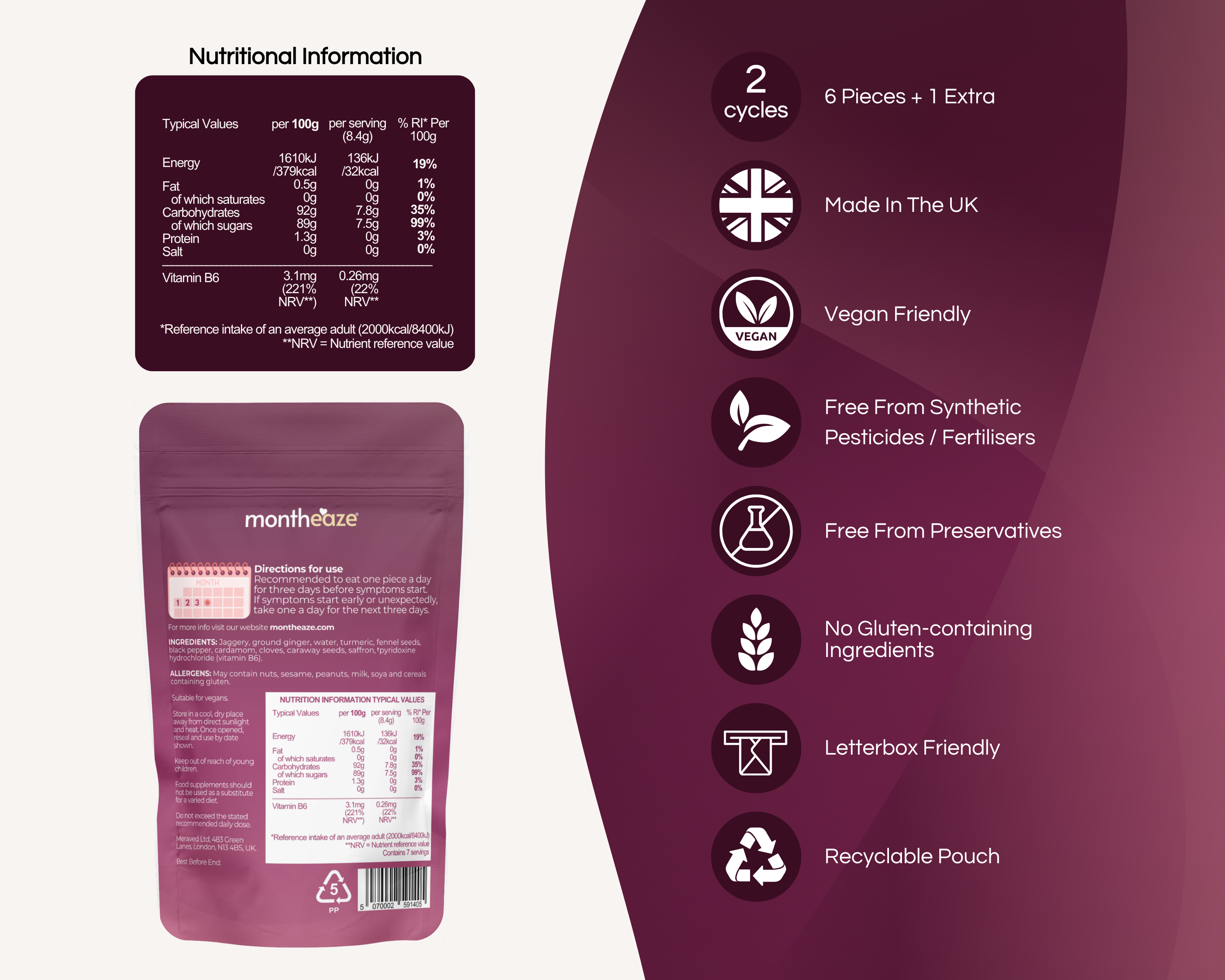 Product packaging with nutritional information and sustainability details on a white background