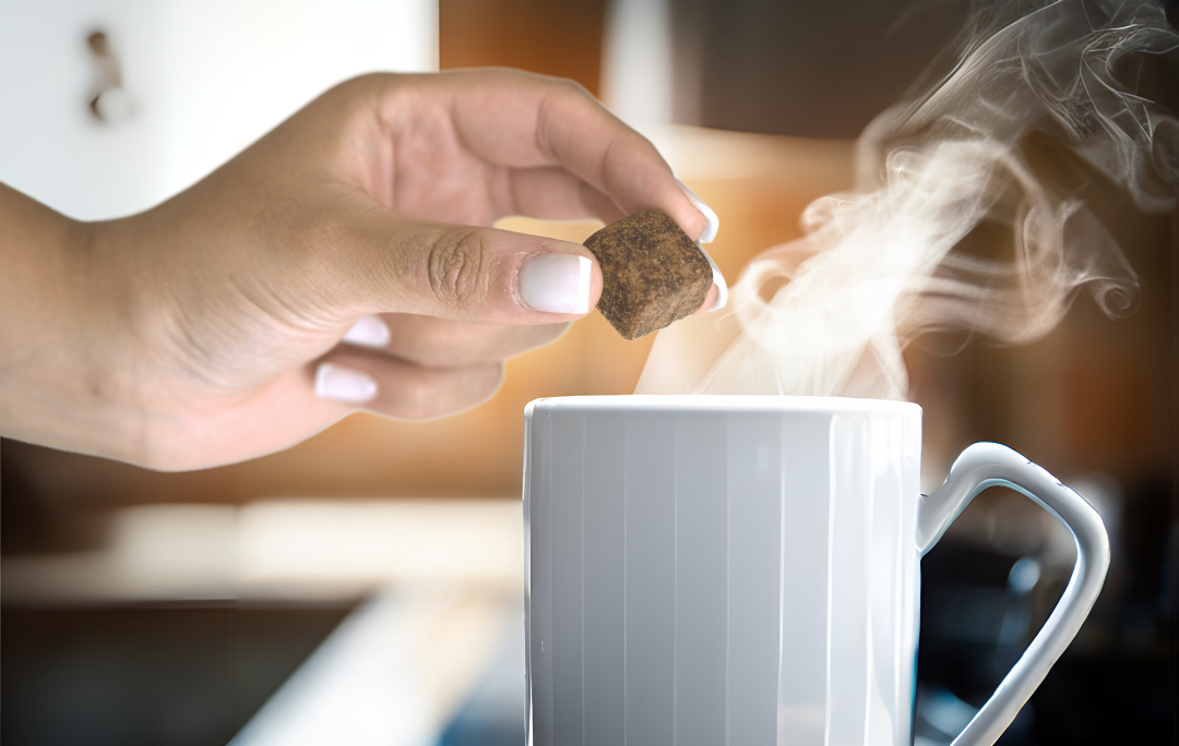 Hand holding Montheaze natural period pain relief supplement piece about to be dissolved in hot water as tea for menstrual cramp relief